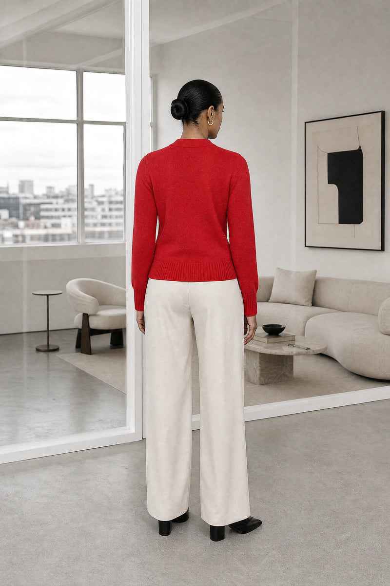 Perla | V-Neck Button Cardigan in Red, studio back view