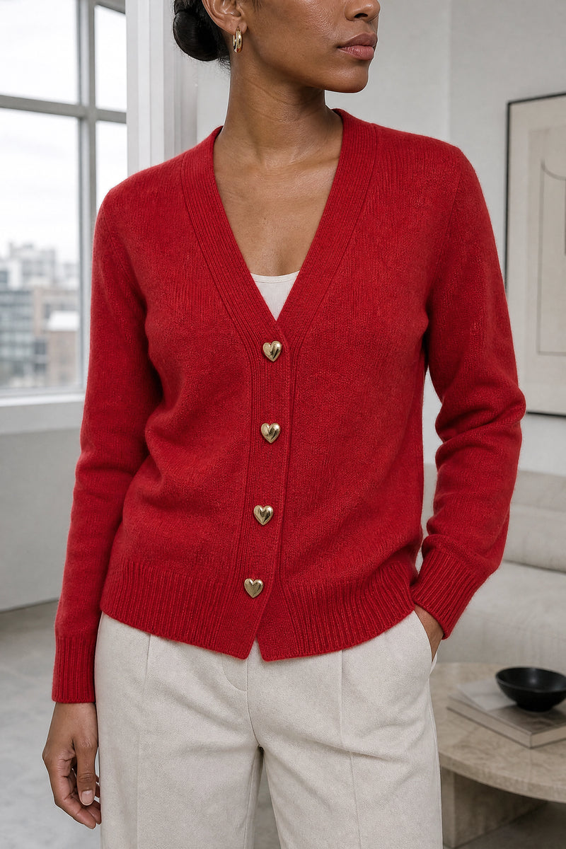 Perla | V-Neck Button Cardigan in Red, fabric close-up