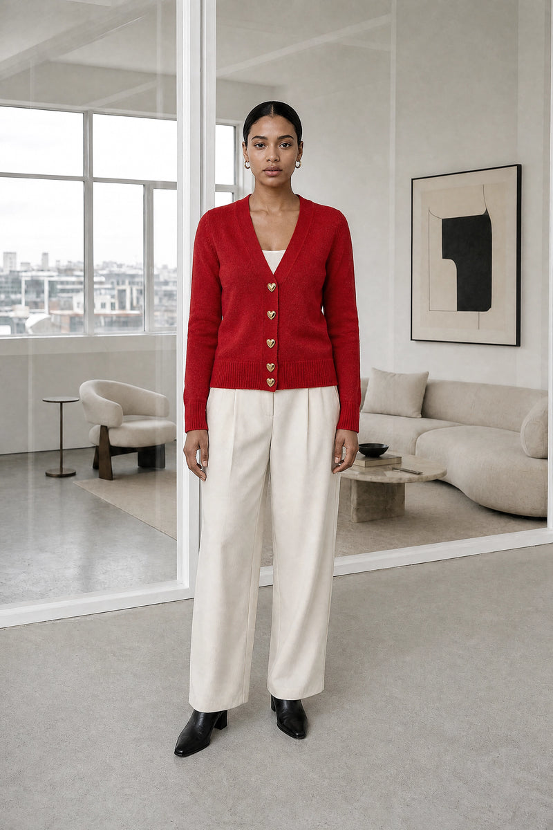 Perla | V-Neck Button Cardigan in Red, studio front view