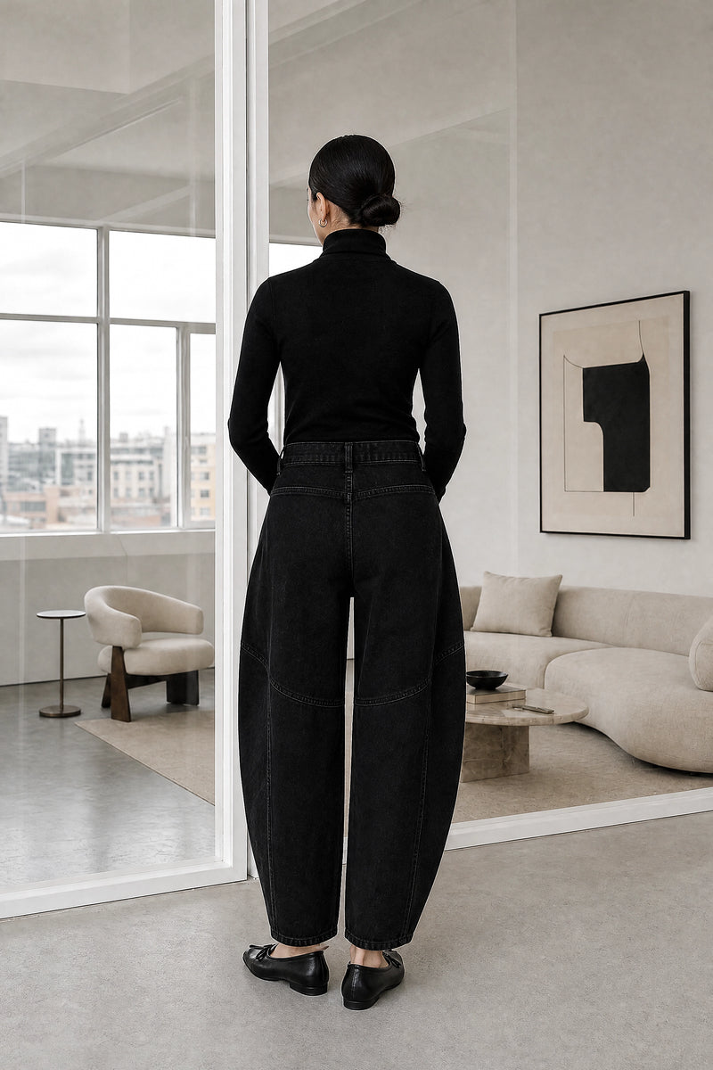 Persephone | Wide-Leg Trousers in Black, studio back view