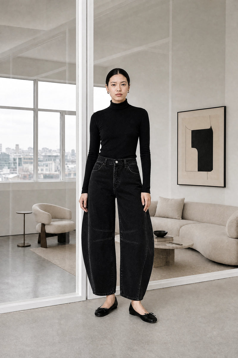 Persephone | Wide-Leg Trousers in Black, studio front view