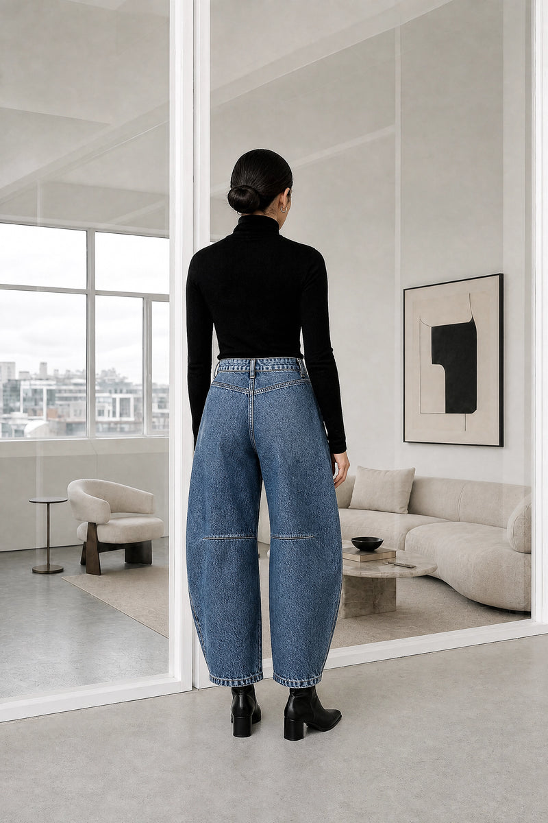 Persephone | Wide-Leg Trousers in Blue, studio back view