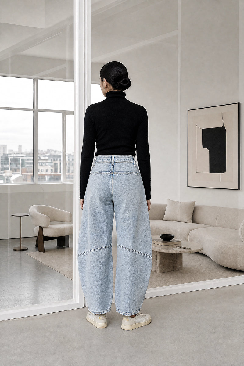 Persephone | Wide-Leg Trousers in Light Blue, studio back view