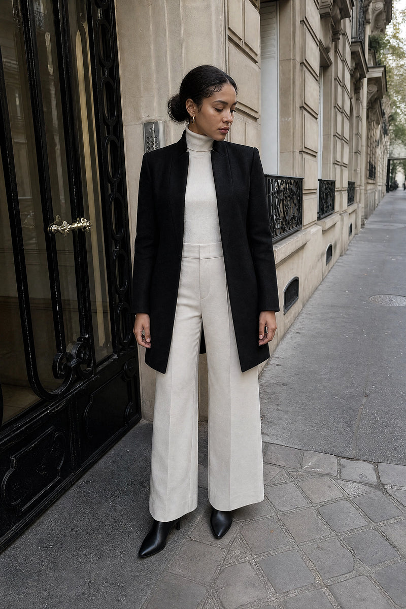 SOFAINE-V7-LIFE-Petra | Wool-Feel Coat in Black, street-style view