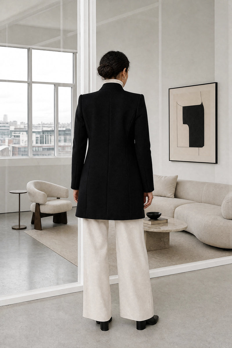 Petra | Wool-Feel Coat in Black, studio back view