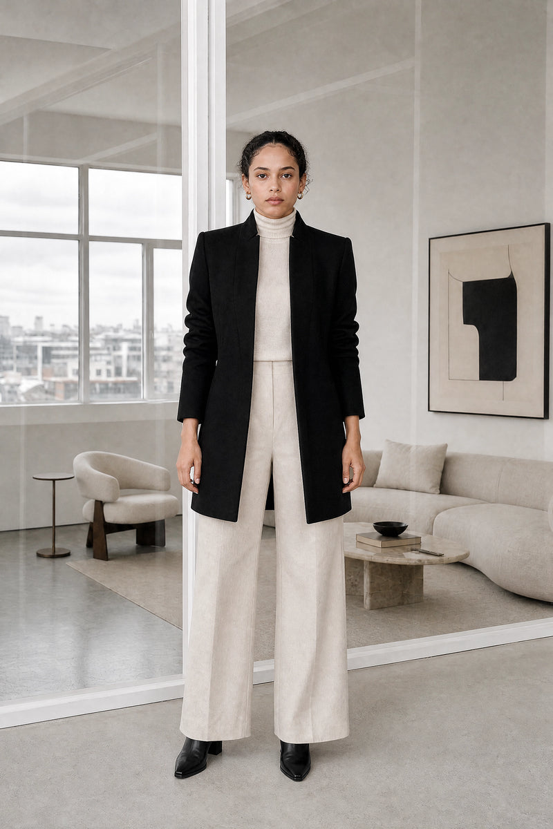 Petra | Wool-Feel Coat in Black, studio front view