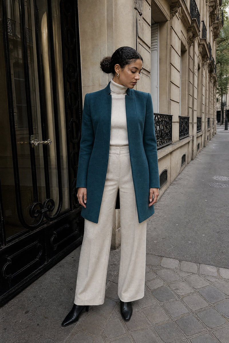SOFAINE-V7-LIFE-Petra | Wool-Feel Coat in Green, street-style view