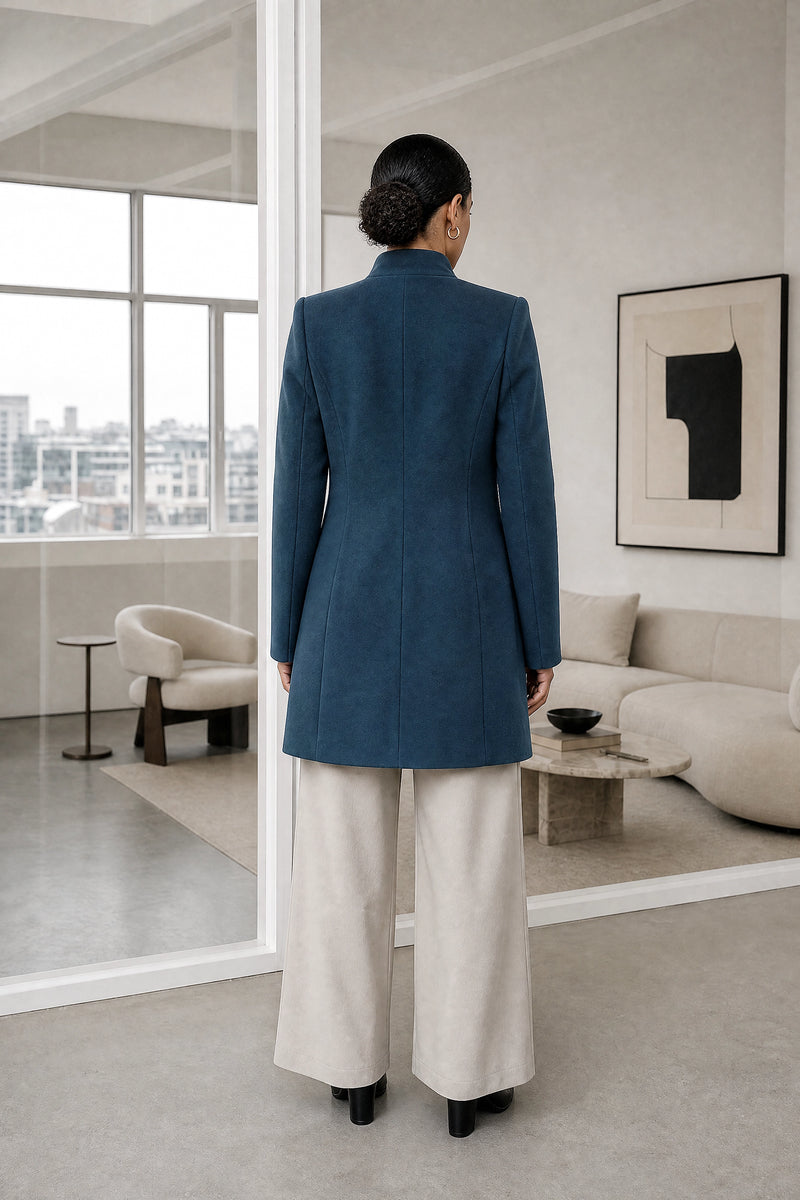 Petra | Wool-Feel Coat in Green, studio back view