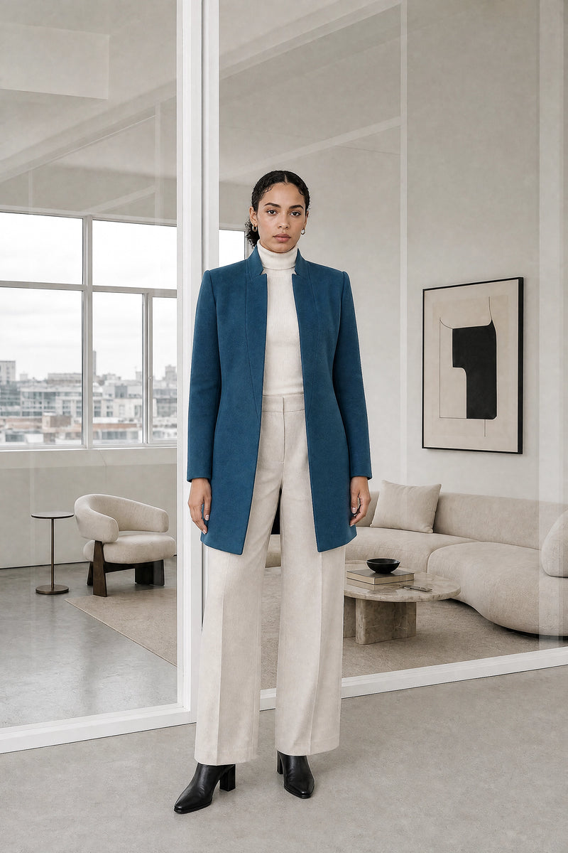 Petra | Wool-Feel Coat in Green, studio front view