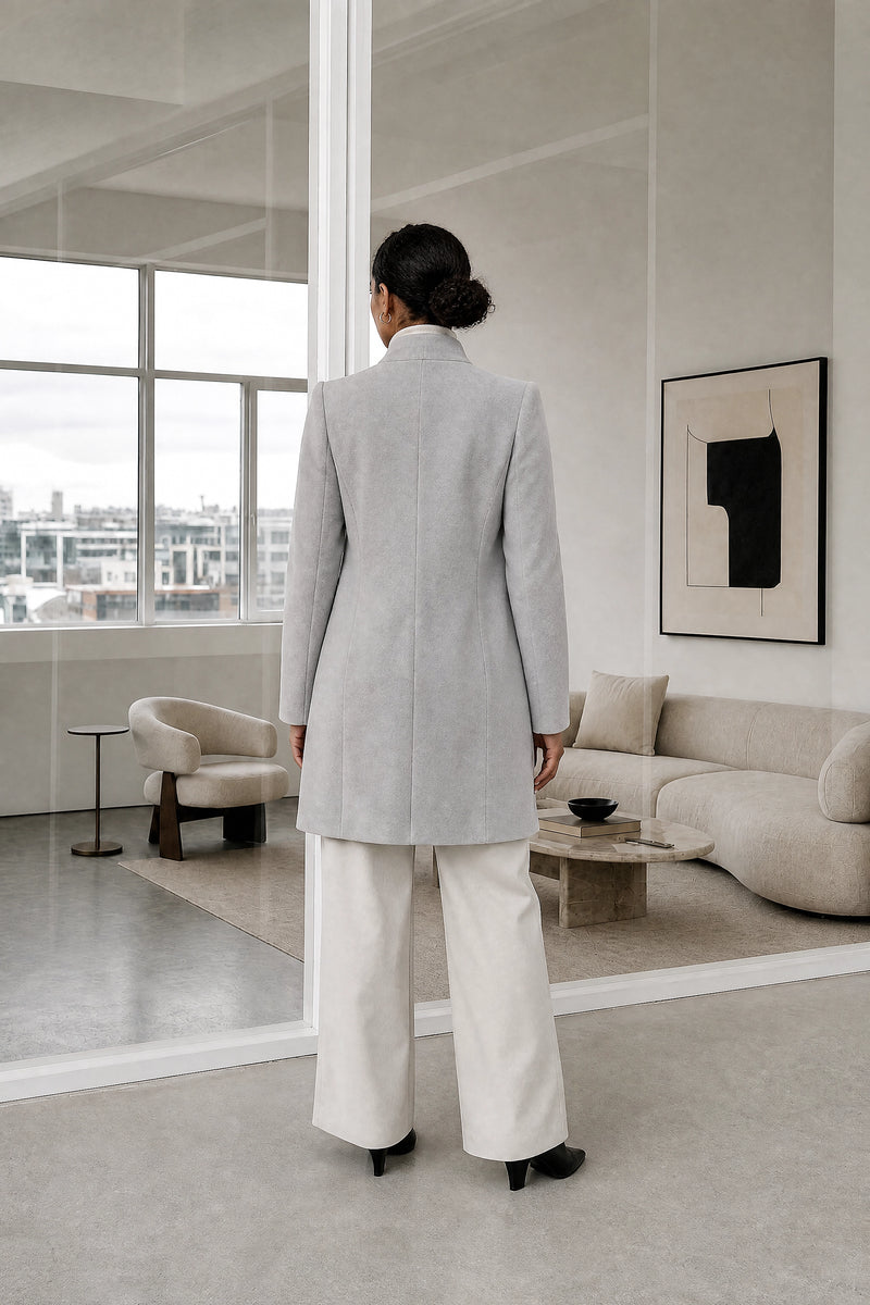 Petra | Wool-Feel Coat in Grey, studio back view