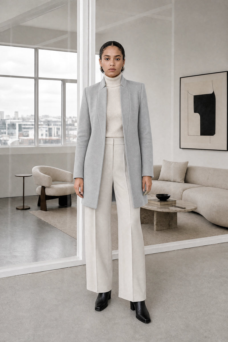 Petra | Wool-Feel Coat in Grey, studio front view