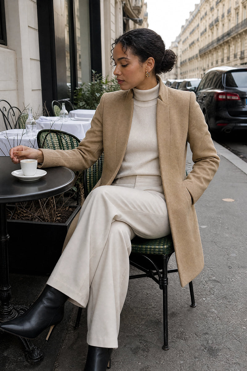 SOFAINE-V7-LIFE-Petra | Wool-Feel Coat in Khaki, café scene