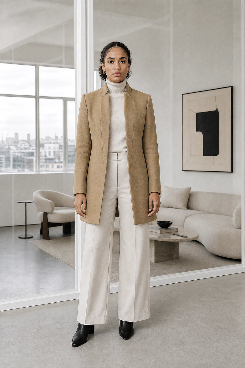Petra | Wool-Feel Coat in Khaki, studio front view
