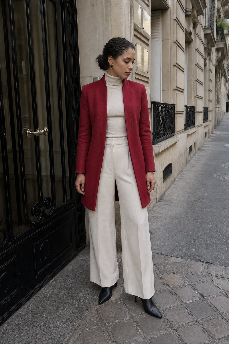 SOFAINE-V7-LIFE-Petra | Wool-Feel Coat in Red, street-style view