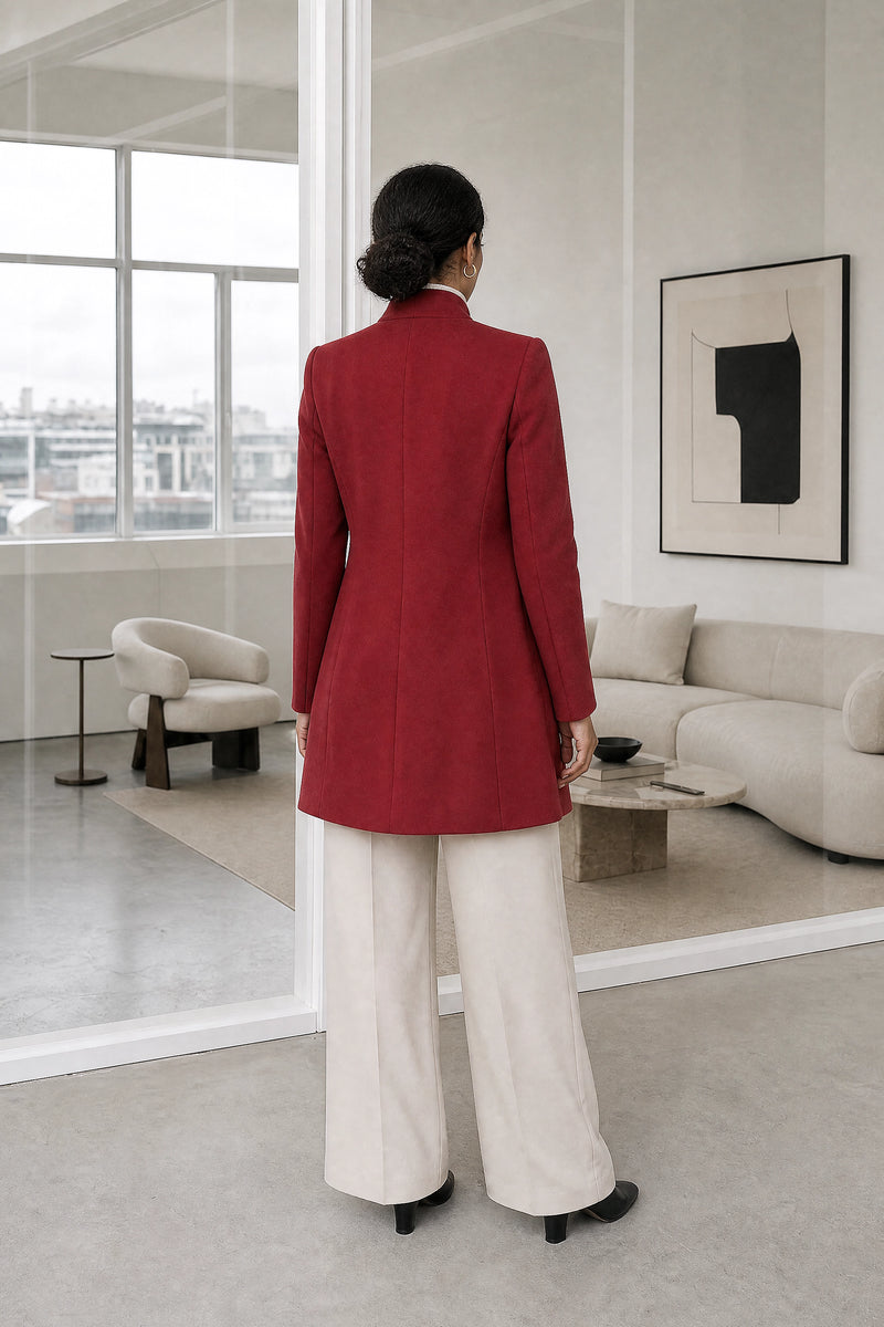 Petra | Wool-Feel Coat in Red, studio back view