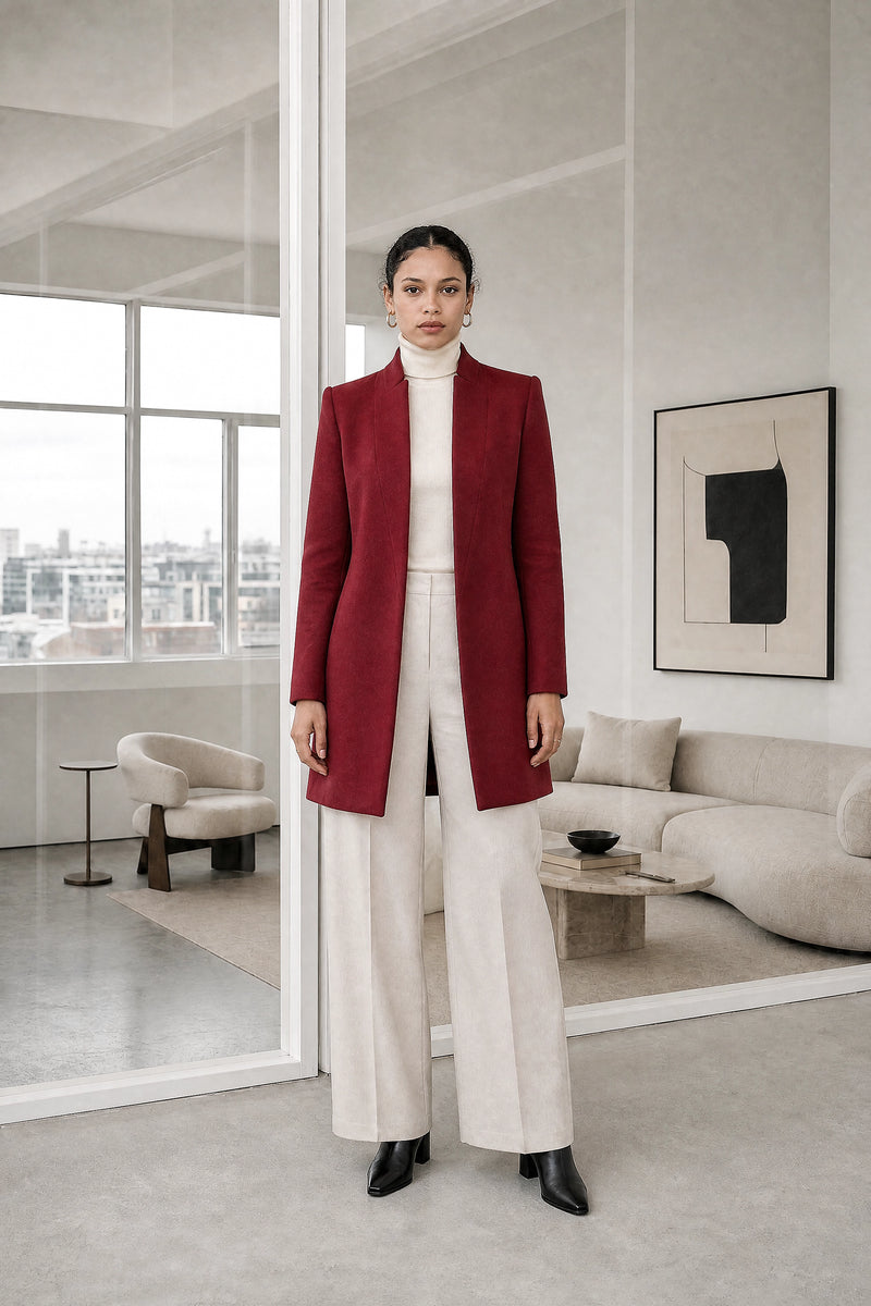 Petra | Wool-Feel Coat in Red, studio front view