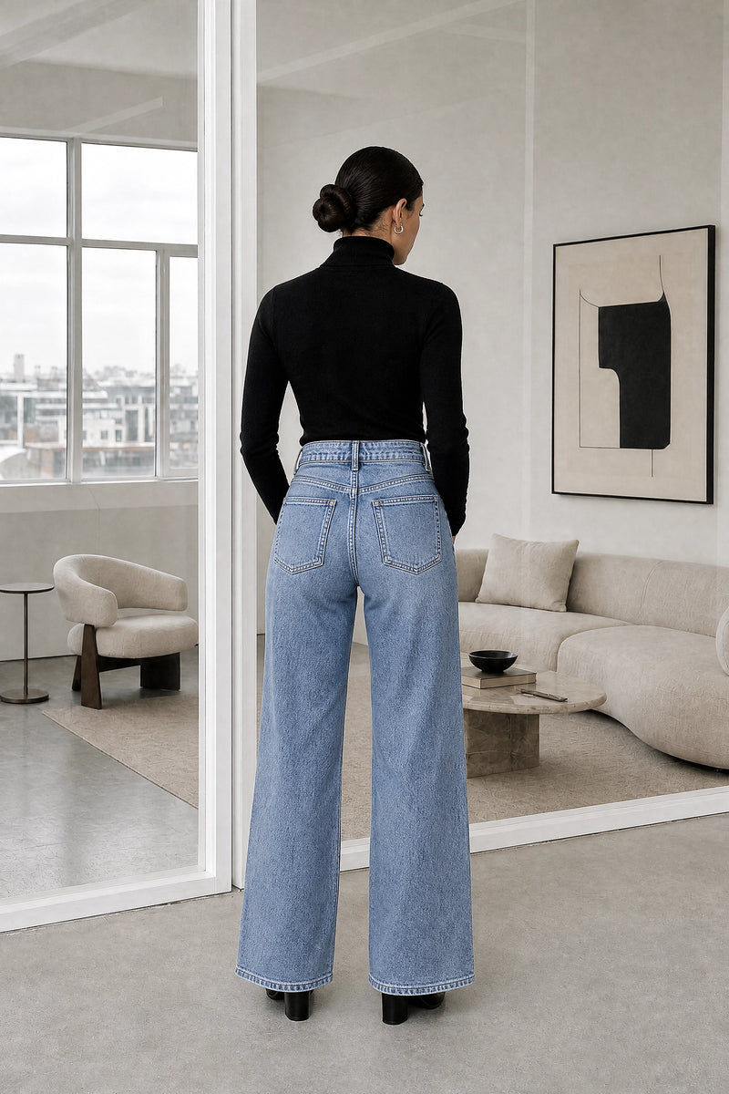 Philippa | High-Waist Wide-Leg Jeans in Blue, studio back view