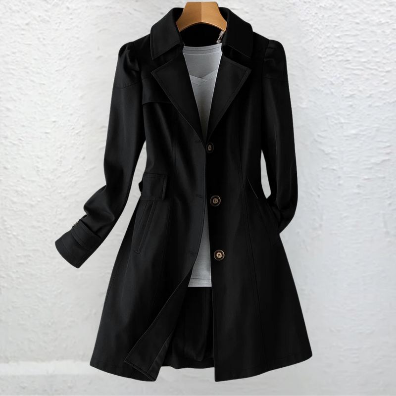 Single Breasted Trench Coat for Women with Puff Shoulders and Flared Hem in Black, front view