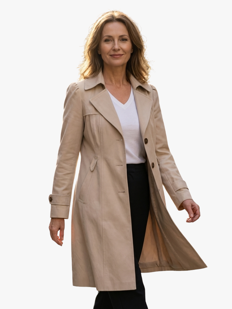 Single Breasted Trench Coat for Women with Puff Shoulders and Flared Hem, model front view