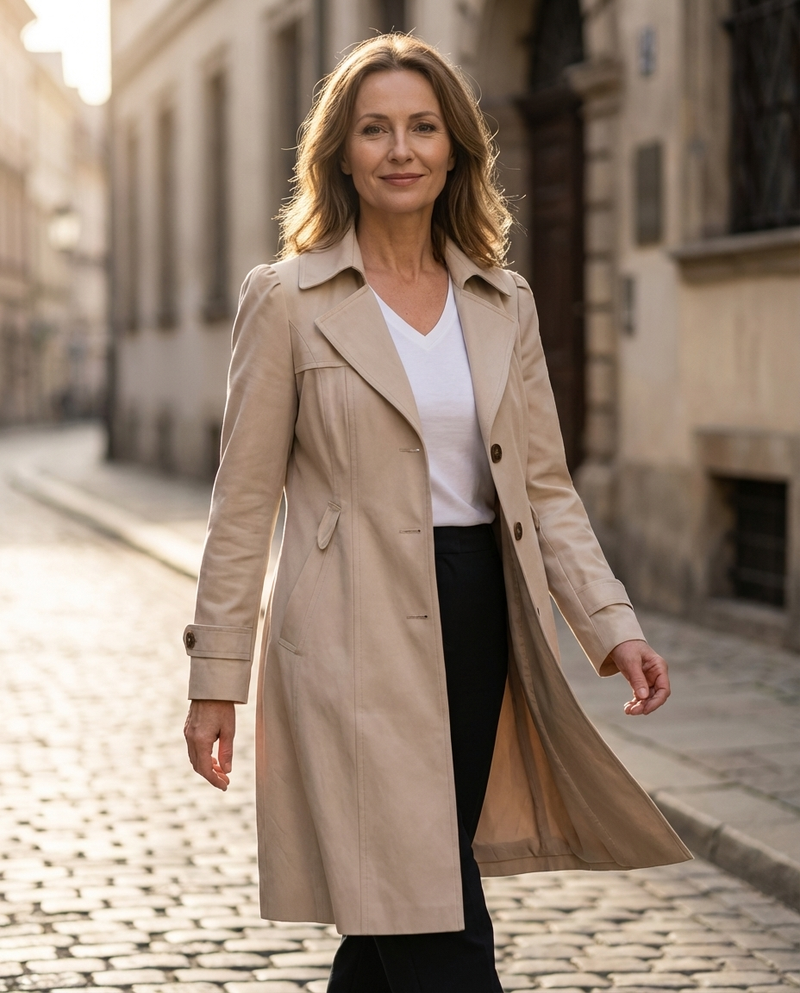 Single Breasted Trench Coat for Women with Puff Shoulders and Flared Hem, styled view