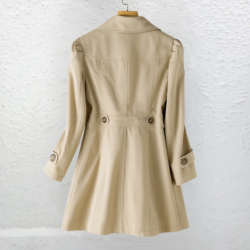 Single Breasted Trench Coat for Women with Puff Shoulders and Flared Hem in Khaki, back view