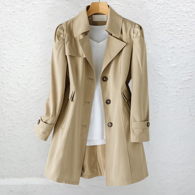 Single Breasted Trench Coat for Women with Puff Shoulders and Flared Hem in Khaki, front view