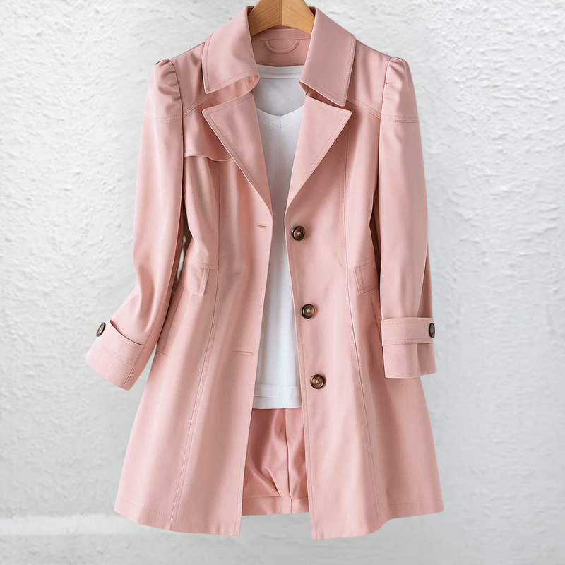 Single Breasted Trench Coat for Women with Puff Shoulders and Flared Hem in Pink, front view