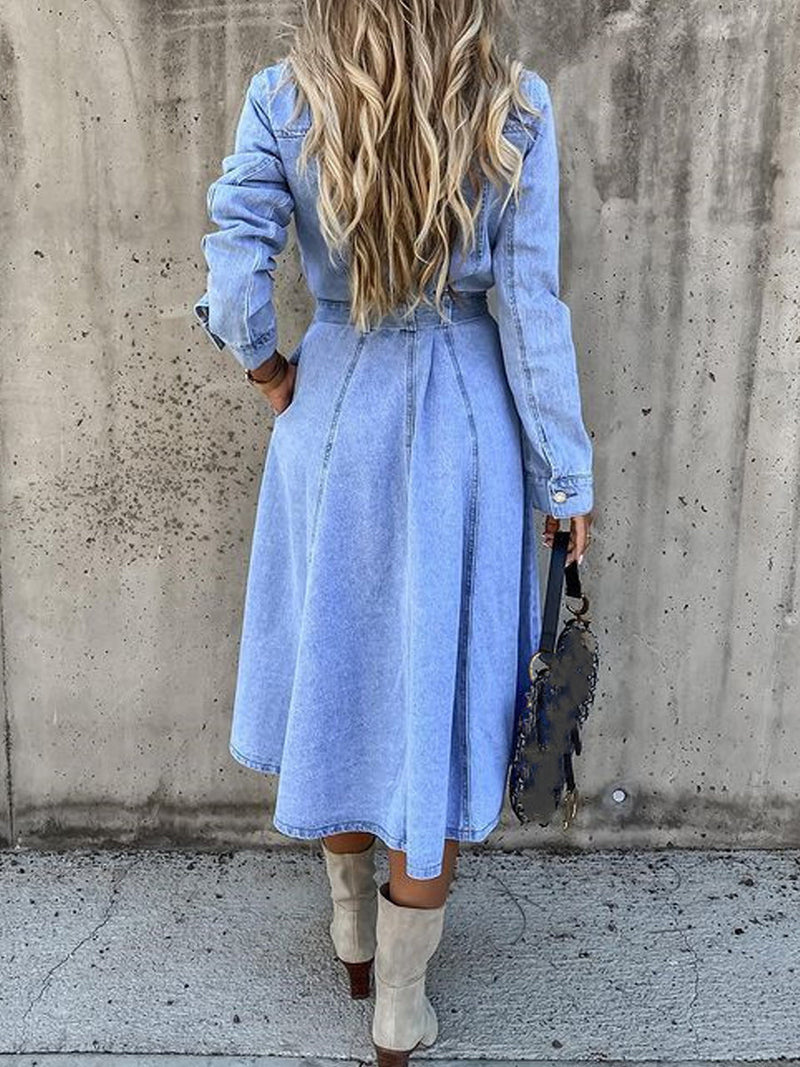 Long Sleeve Denim Shirt Dress for Women with Tie Waist and Button Front in Light Blue, back view