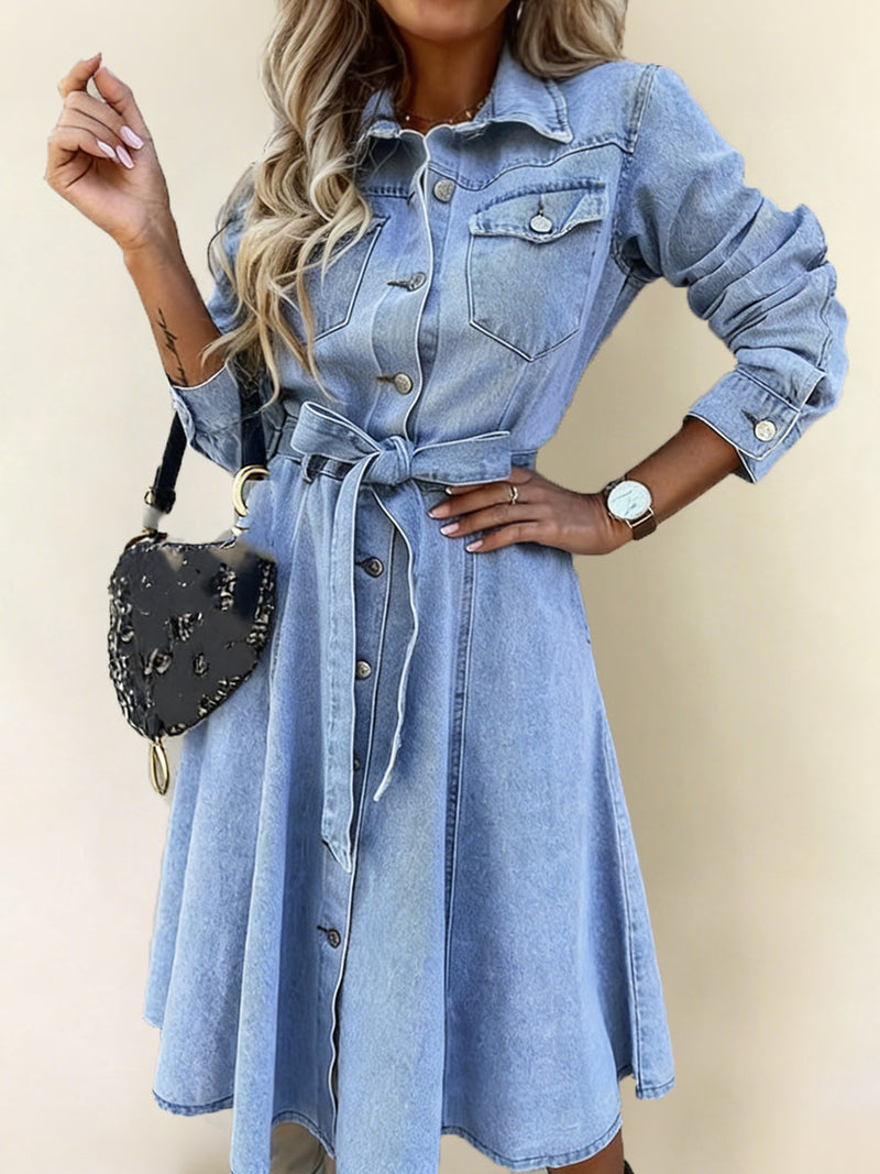 Long Sleeve Denim Shirt Dress for Women with Tie Waist and Button Front in Light Blue, close-up