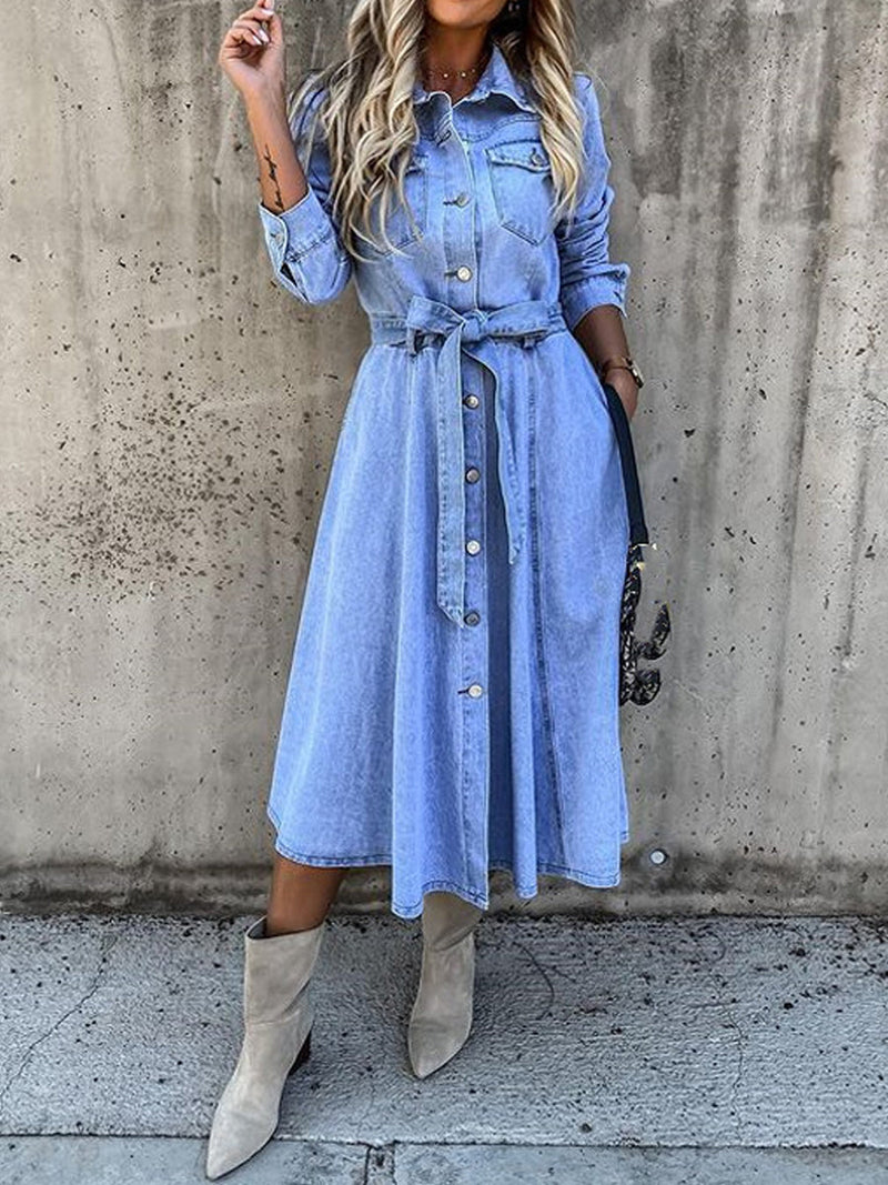 Long Sleeve Denim Shirt Dress for Women with Tie Waist and Button Front in Light Blue, full-length view