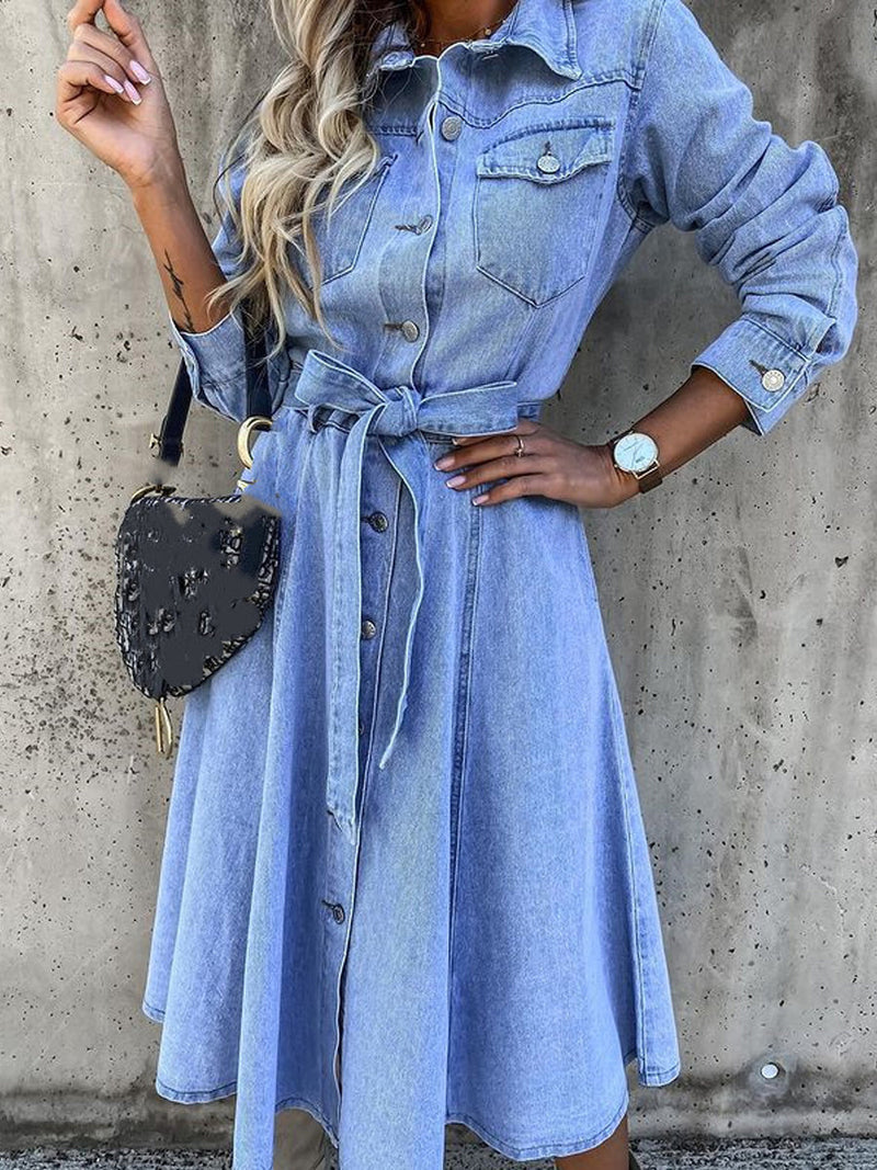 Long Sleeve Denim Shirt Dress for Women with Tie Waist and Button Front in Light Blue, styled close-up