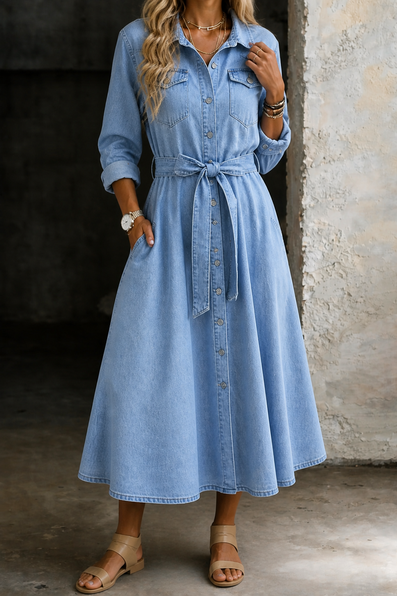 Long Sleeve Denim Shirt Dress for Women with Tie Waist and Button Front in Light Blue, three-quarter view