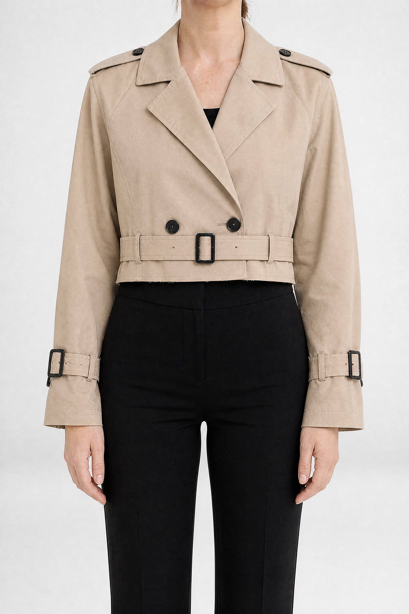Portia | Croppet Trenchcoat i Khaki, studie forfra