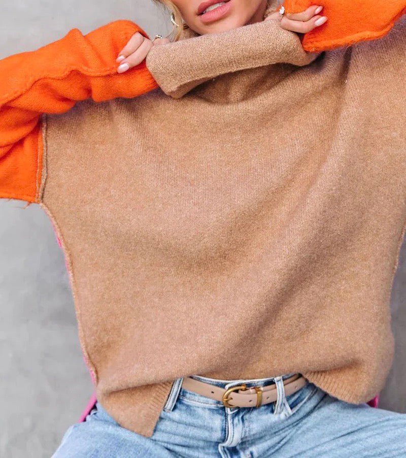 Color Block Turtleneck Sweater for Women with Contrast Sleeves, close-up