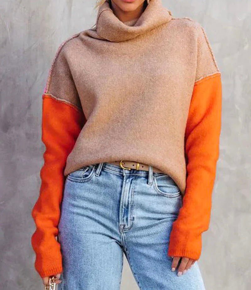 Color Block Turtleneck Sweater for Women with Contrast Sleeves, front view 2