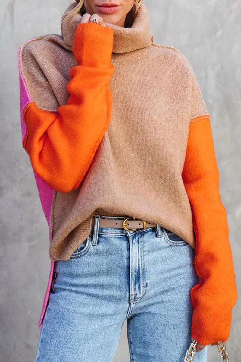 Color Block Turtleneck Sweater for Women with Contrast Sleeves, front view