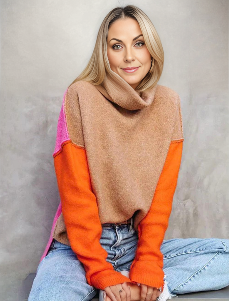 Color Block Turtleneck Sweater for Women with Contrast Sleeves, seated view