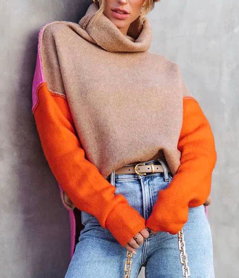 Color Block Turtleneck Sweater for Women with Contrast Sleeves, styled front view