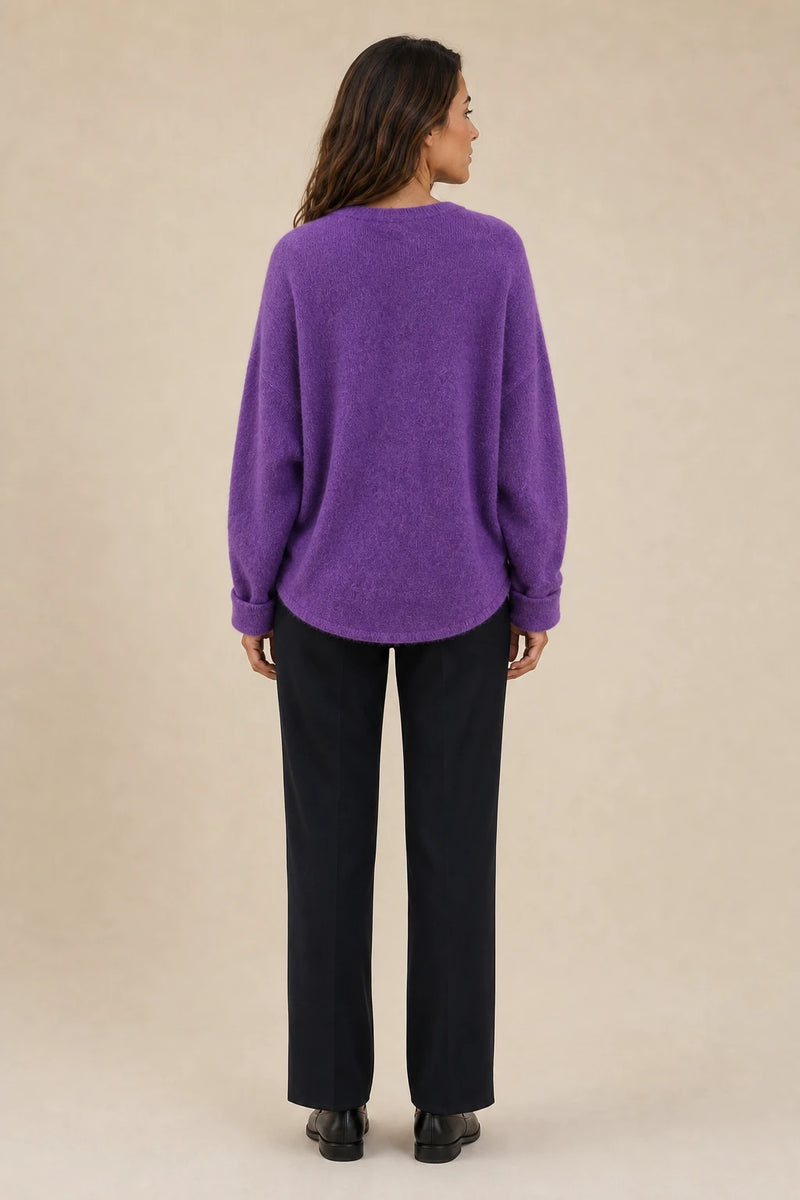 Ramona | Button-Front Cardigan in Purple, studio back view