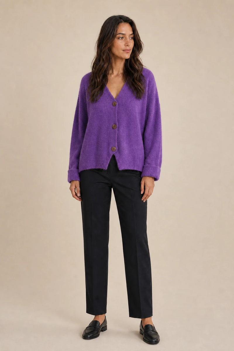 Ramona | Button-Front Cardigan in Purple, studio front view