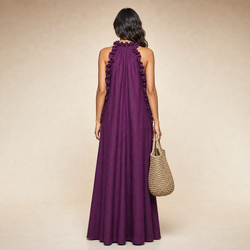SOFAINE-V5-2026-07-07 Sofaine Iris ruffle-halter linen maxi dress in Purple, worn back
