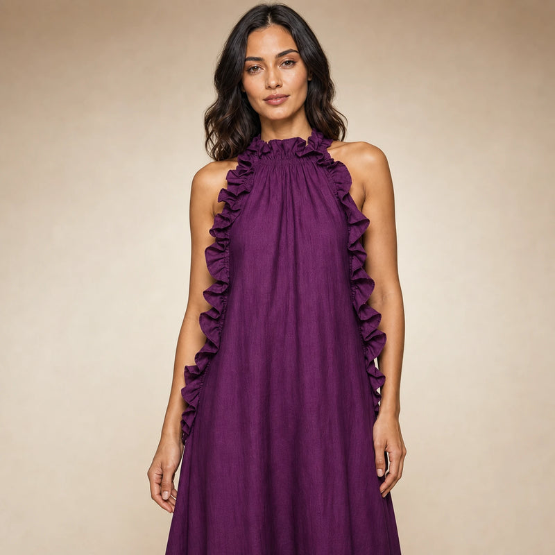 SOFAINE-V5-2026-07-07 Sofaine Iris ruffle-halter linen maxi dress in Purple, worn ruffle-halter neckline detail