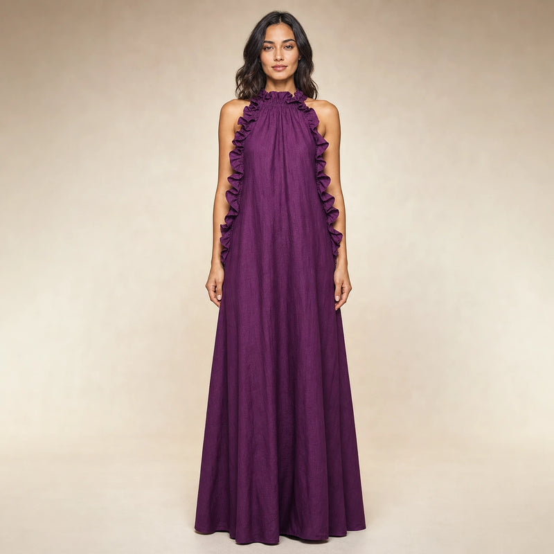 SOFAINE-V5-2026-07-07 Sofaine Iris ruffle-halter linen maxi dress in Purple, worn front hero