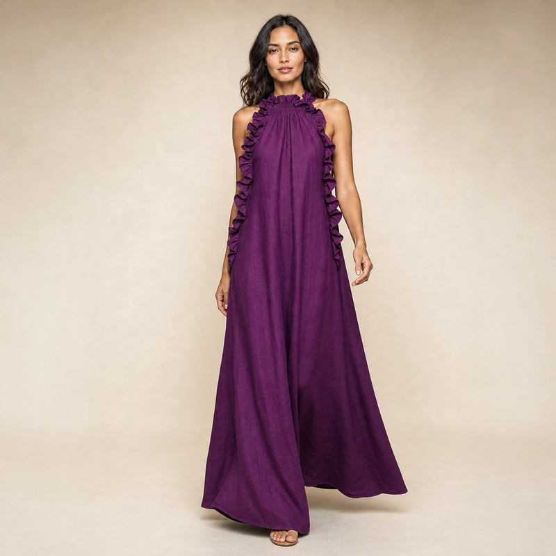 SOFAINE-V5-2026-07-07 Sofaine Iris ruffle-halter linen maxi dress in Purple, styled full look
