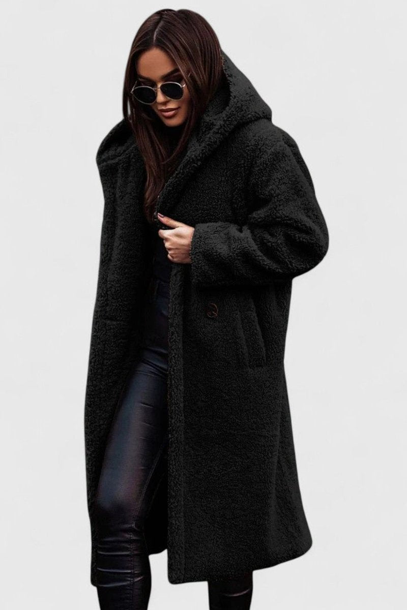 Oversized Long Sherpa Coat for Women with Hood and Lapel Collar in Black, front view