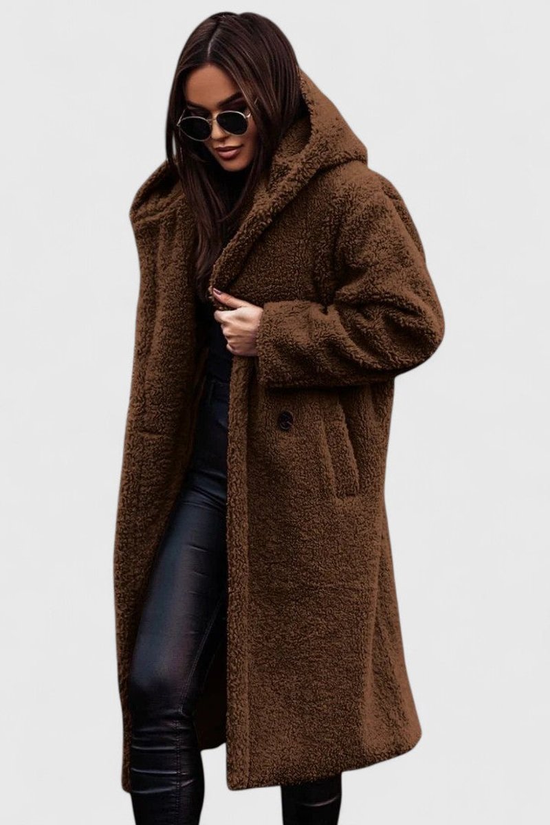Oversized Long Sherpa Coat for Women with Hood and Lapel Collar in Brown, front view