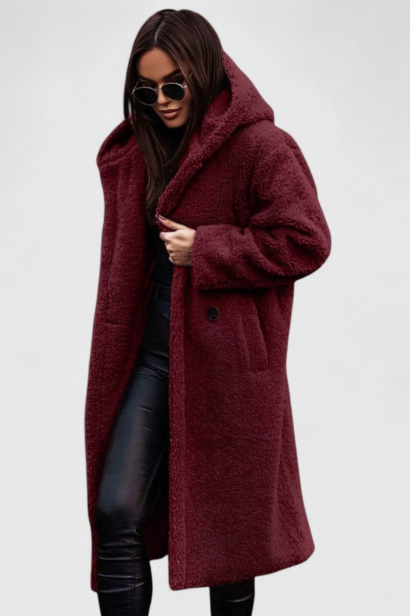 Oversized Long Sherpa Coat for Women with Hood and Lapel Collar in Burgundy, front view