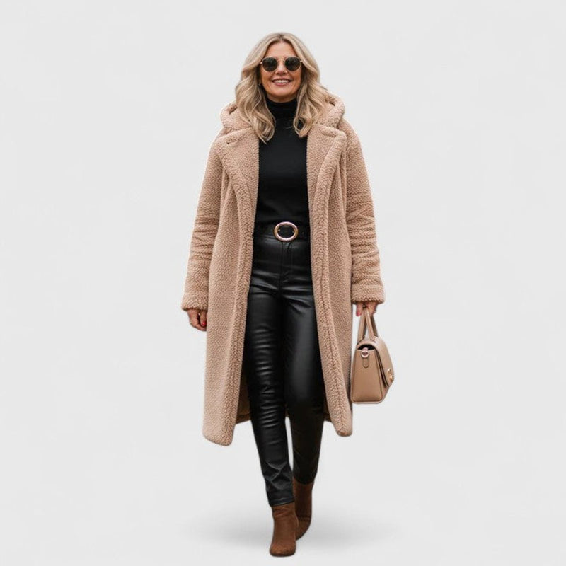 Oversized Long Sherpa Coat for Women with Hood and Lapel Collar, styled view