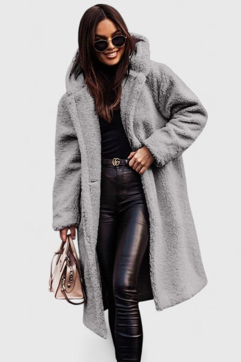 Oversized Long Sherpa Coat for Women with Hood and Lapel Collar in Gray, front view