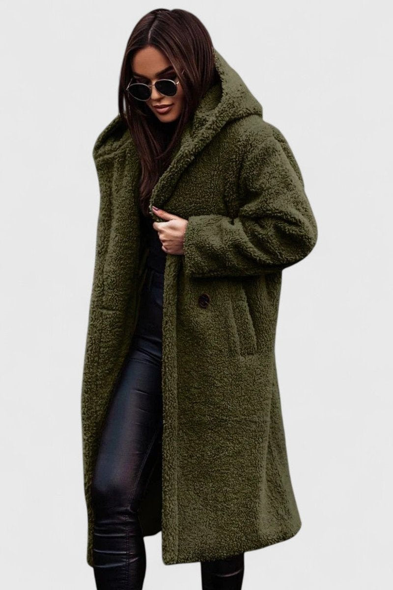 Oversized Long Sherpa Coat for Women with Hood and Lapel Collar in Green, front view